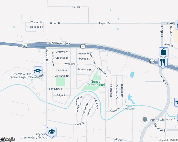 map of restaurants, bars, coffee shops, grocery stores, and more near 1634 Longview Street in Wichita Falls
