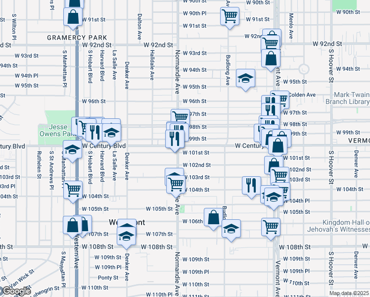 map of restaurants, bars, coffee shops, grocery stores, and more near 1346 West Century Boulevard in Los Angeles