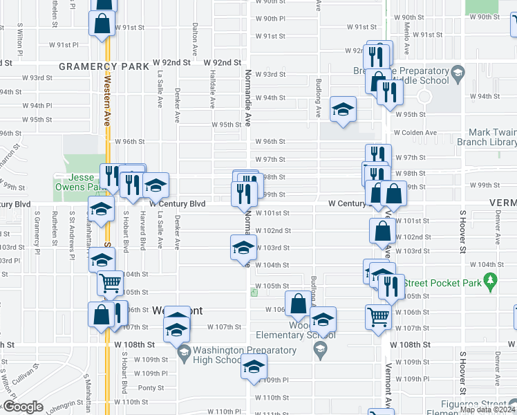 map of restaurants, bars, coffee shops, grocery stores, and more near 1346 West Century Boulevard in Los Angeles