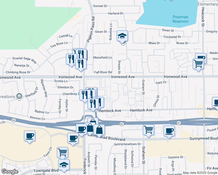 map of restaurants, bars, coffee shops, grocery stores, and more near 23215 Ironwood Avenue in Moreno Valley