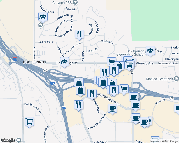 map of restaurants, bars, coffee shops, grocery stores, and more near 21595 Box Springs Road in Moreno Valley