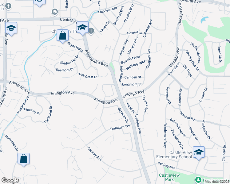 map of restaurants, bars, coffee shops, grocery stores, and more near 5877 Fairlane Drive in Riverside