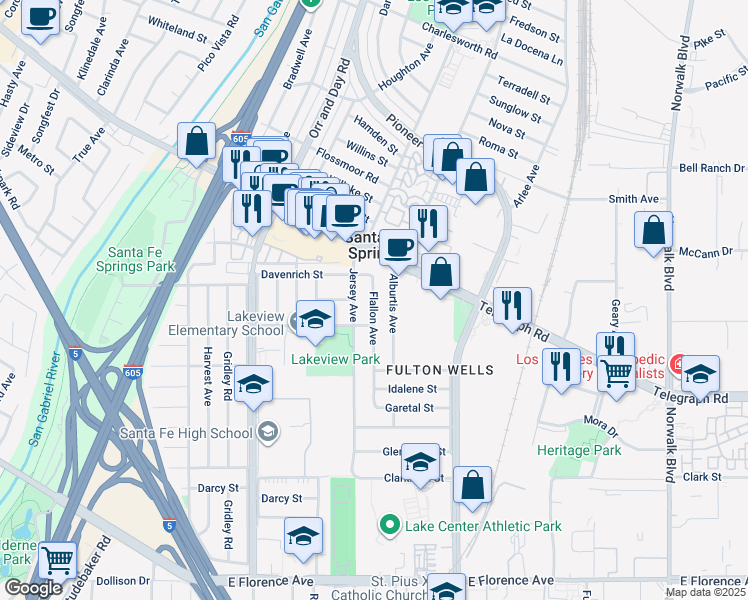 map of restaurants, bars, coffee shops, grocery stores, and more near 10138 Jersey Avenue in Santa Fe Springs
