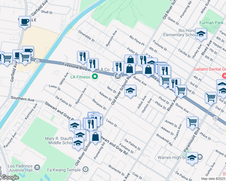 map of restaurants, bars, coffee shops, grocery stores, and more near 7348 Neo Street in Downey