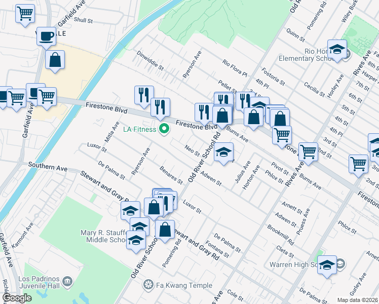 map of restaurants, bars, coffee shops, grocery stores, and more near 7348 Neo Street in Downey