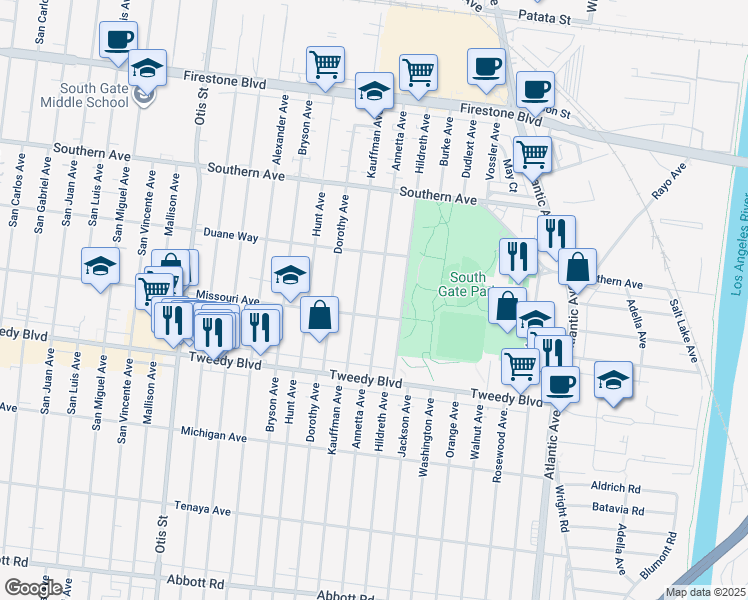 map of restaurants, bars, coffee shops, grocery stores, and more near 9633 Annetta Avenue in South Gate