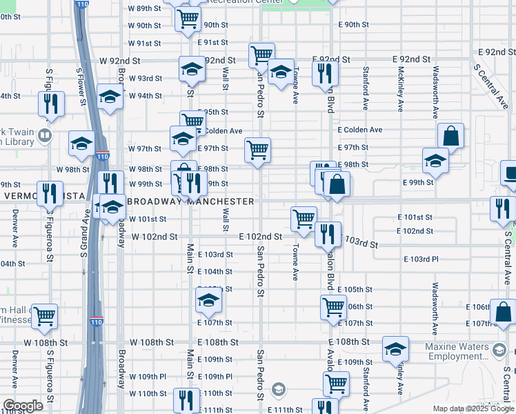 map of restaurants, bars, coffee shops, grocery stores, and more near 315 East 101st Street in Los Angeles