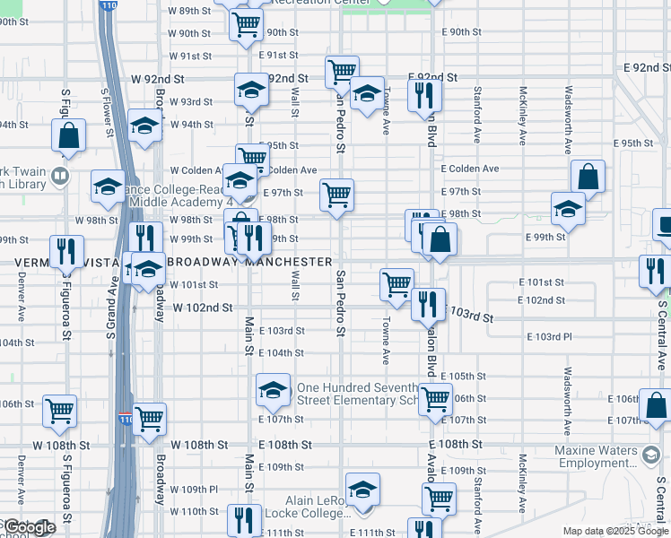 map of restaurants, bars, coffee shops, grocery stores, and more near 235 East 101st Street in Los Angeles