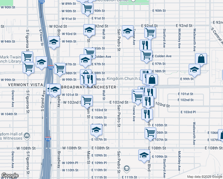 map of restaurants, bars, coffee shops, grocery stores, and more near 235 East 101st Street in Los Angeles