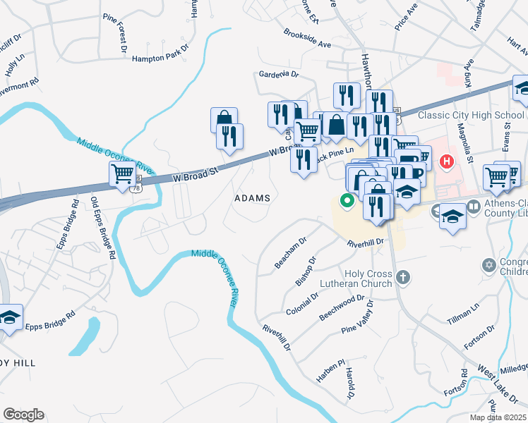 map of restaurants, bars, coffee shops, grocery stores, and more near 180 Dell Avenue in Athens