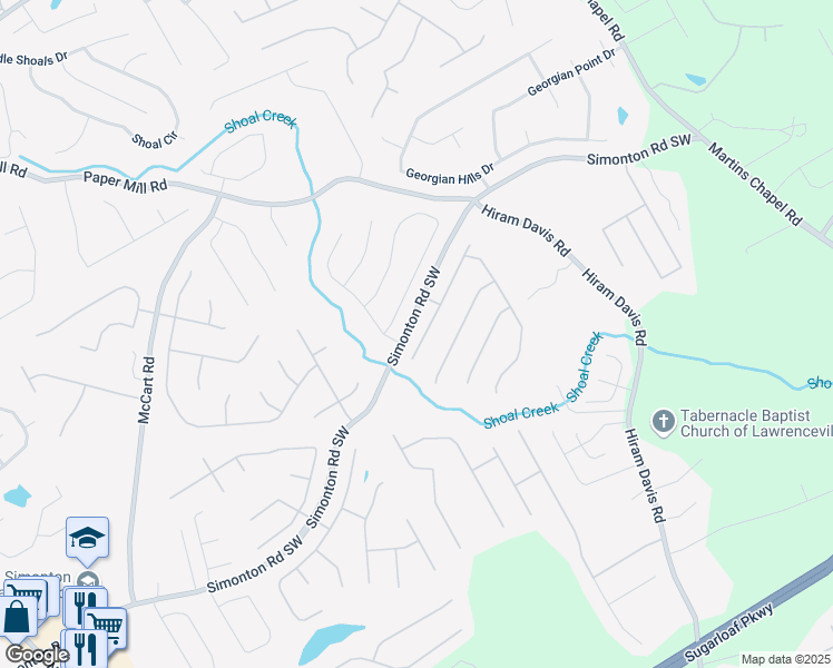 map of restaurants, bars, coffee shops, grocery stores, and more near 642 Towering Pine Trail Southeast in Lawrenceville