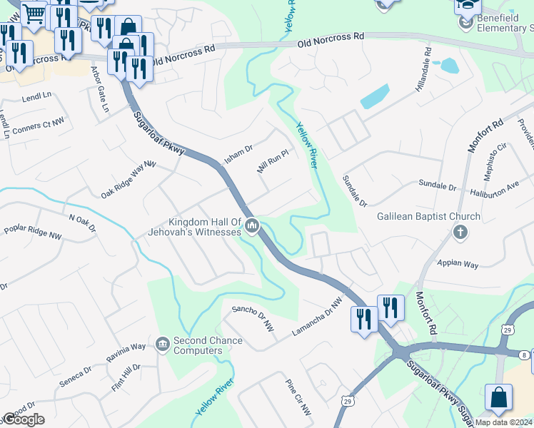 map of restaurants, bars, coffee shops, grocery stores, and more near 819 Sugarloaf Parkway in Lawrenceville