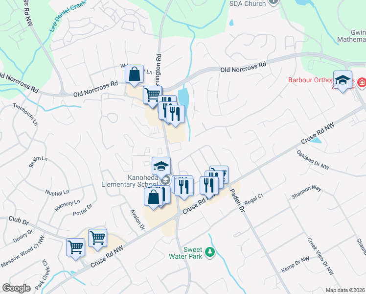 map of restaurants, bars, coffee shops, grocery stores, and more near 2481 Emma Way Northwest in Lawrenceville
