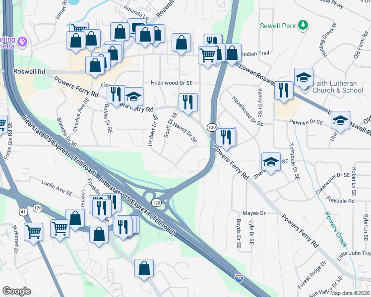 map of restaurants, bars, coffee shops, grocery stores, and more near 1774 Crestridge Drive Southeast in Marietta