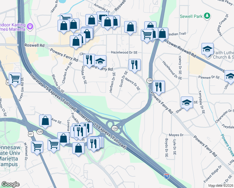 map of restaurants, bars, coffee shops, grocery stores, and more near 286 Scott Drive Southeast in Marietta