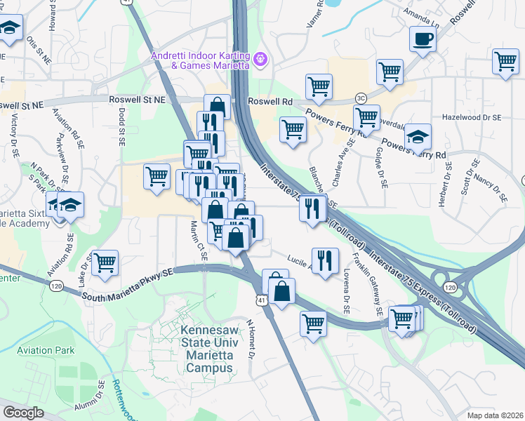 map of restaurants, bars, coffee shops, grocery stores, and more near 1260 Banberry Road Southeast in Marietta