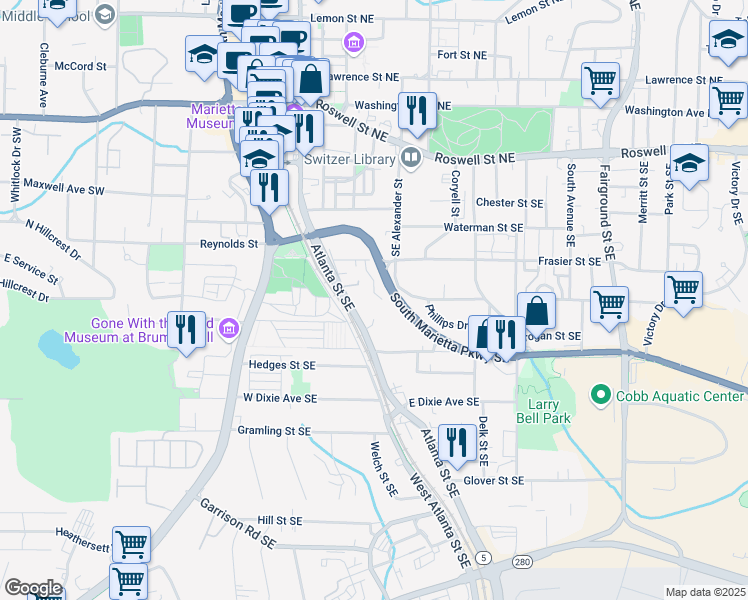 map of restaurants, bars, coffee shops, grocery stores, and more near 408 Niles Court in Marietta