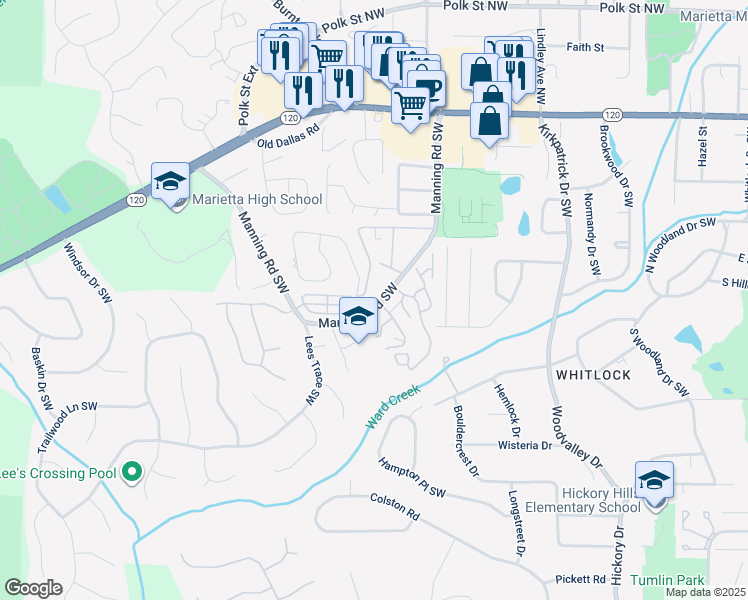 map of restaurants, bars, coffee shops, grocery stores, and more near 260 Manning Road Southwest in Marietta