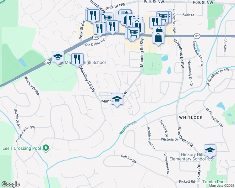 map of restaurants, bars, coffee shops, grocery stores, and more near 260 Manning Road Southwest in Marietta