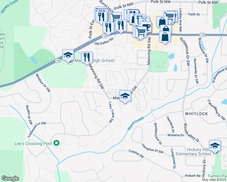 map of restaurants, bars, coffee shops, grocery stores, and more near 823 Rockford Commons Drive in Marietta