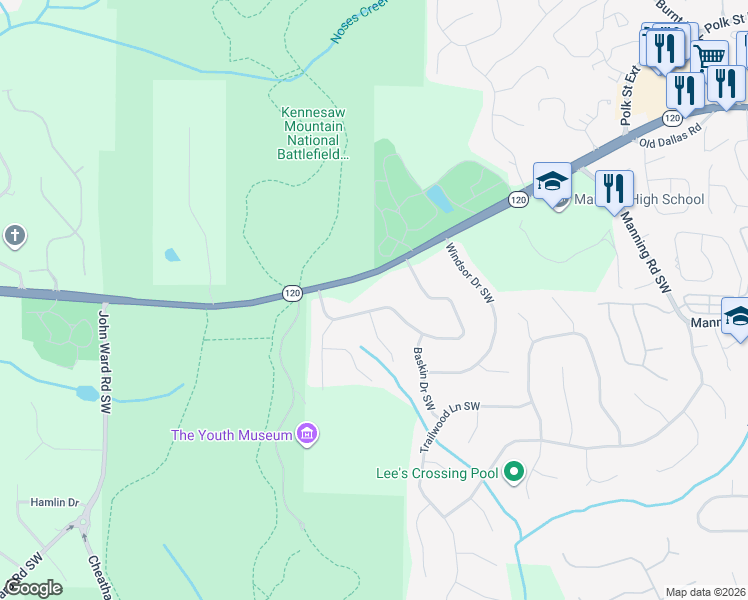 map of restaurants, bars, coffee shops, grocery stores, and more near 1462 Dallas Circle Southwest in Marietta