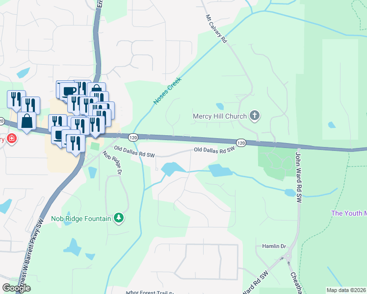 map of restaurants, bars, coffee shops, grocery stores, and more near 2125 Old Dallas Road Southwest in Marietta