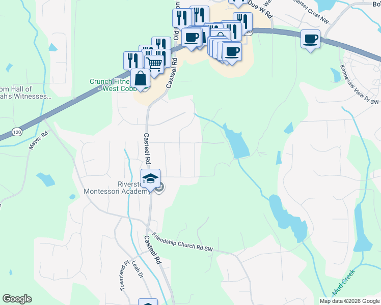 map of restaurants, bars, coffee shops, grocery stores, and more near 344 Stafford Street Southwest in Marietta