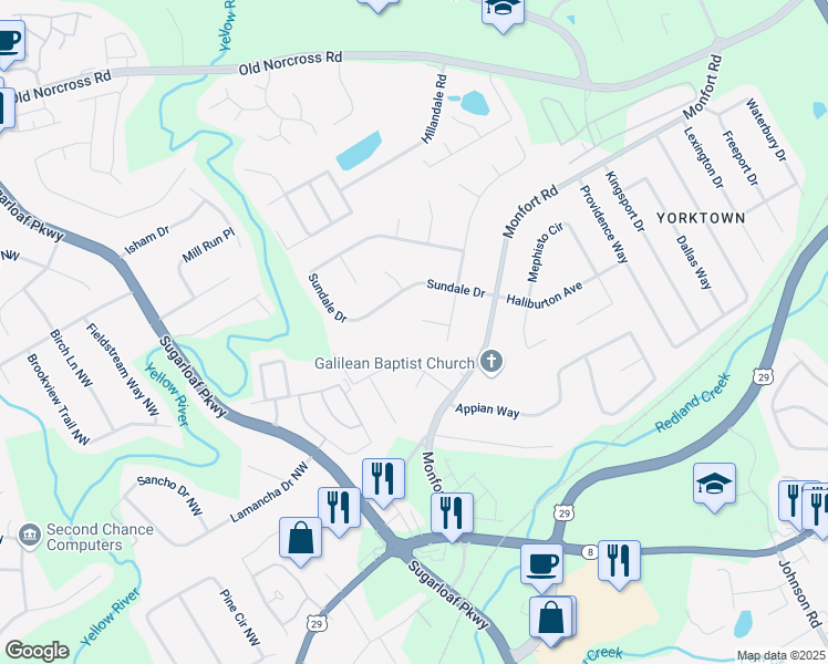 map of restaurants, bars, coffee shops, grocery stores, and more near 1384 Sunrise Way in Lawrenceville