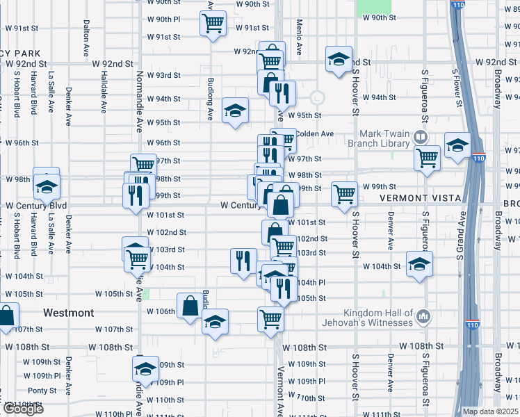 map of restaurants, bars, coffee shops, grocery stores, and more near 1029 West 101st Street in Los Angeles