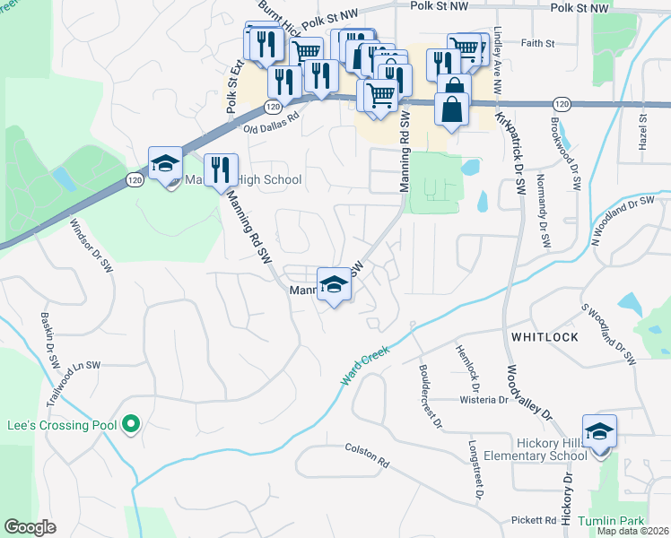 map of restaurants, bars, coffee shops, grocery stores, and more near 260 Manning Road Southwest in Marietta
