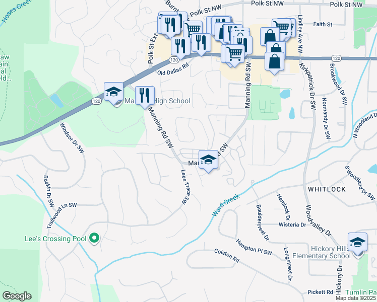 map of restaurants, bars, coffee shops, grocery stores, and more near 823 Rockford Commons Drive in Marietta