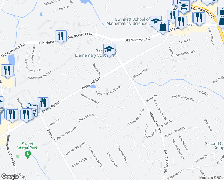map of restaurants, bars, coffee shops, grocery stores, and more near 2125 Eagle Nest Bluff Northwest in Lawrenceville