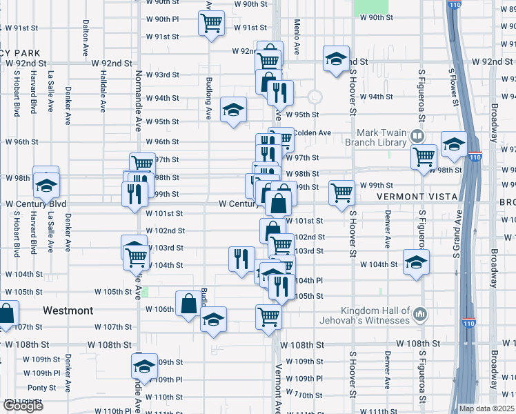 map of restaurants, bars, coffee shops, grocery stores, and more near 1026 West Century Boulevard in Los Angeles