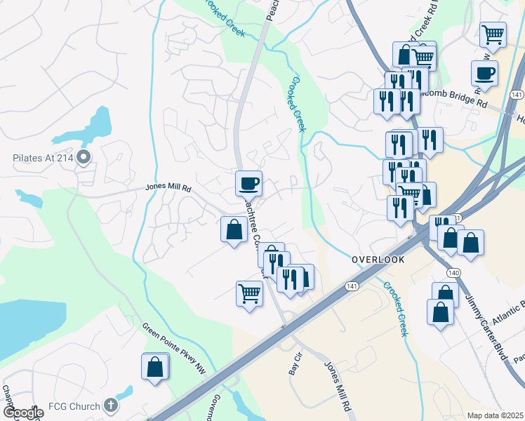 map of restaurants, bars, coffee shops, grocery stores, and more near 3341 Peachtree Corners Circle in Norcross