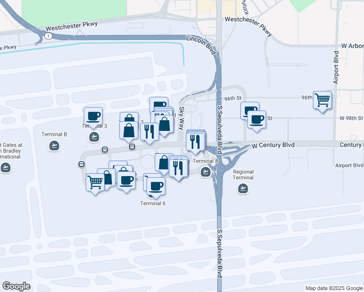 map of restaurants, bars, coffee shops, grocery stores, and more near 1 World Way in Los Angeles