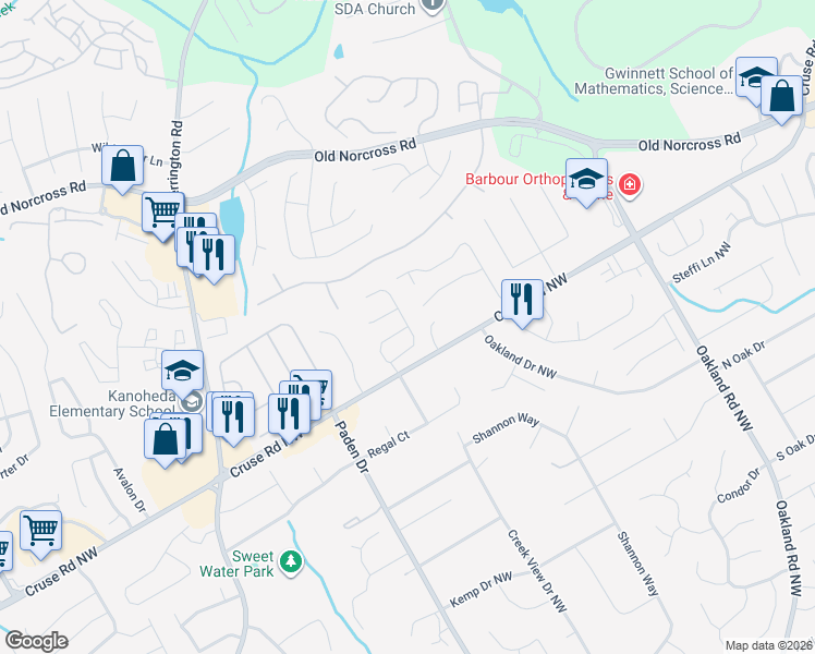 map of restaurants, bars, coffee shops, grocery stores, and more near 999 Regency Dr NW in Lawrenceville