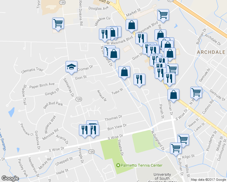 map of restaurants, bars, coffee shops, grocery stores, and more near 2051 Tudor Street in Sumter
