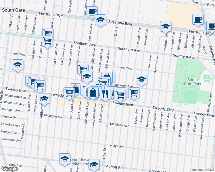 map of restaurants, bars, coffee shops, grocery stores, and more near 9725 Mallison Avenue in South Gate