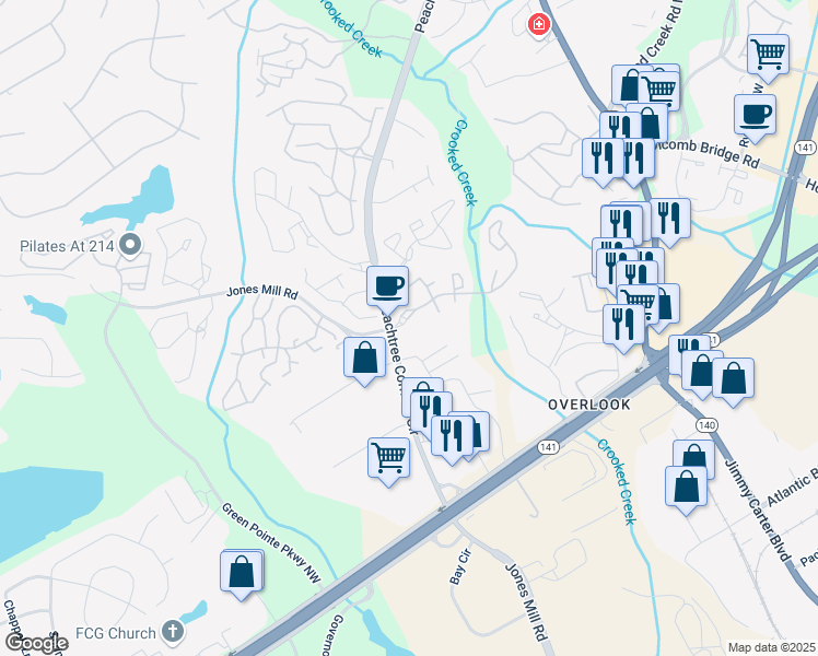 map of restaurants, bars, coffee shops, grocery stores, and more near 3397 Peachtree Corners Circle in Peachtree Corners