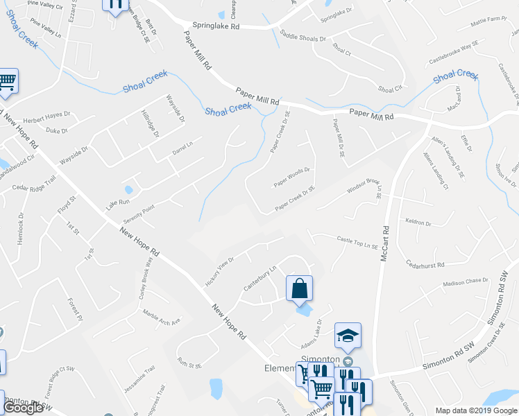 map of restaurants, bars, coffee shops, grocery stores, and more near 880 Paper Creek Drive Southeast in Lawrenceville