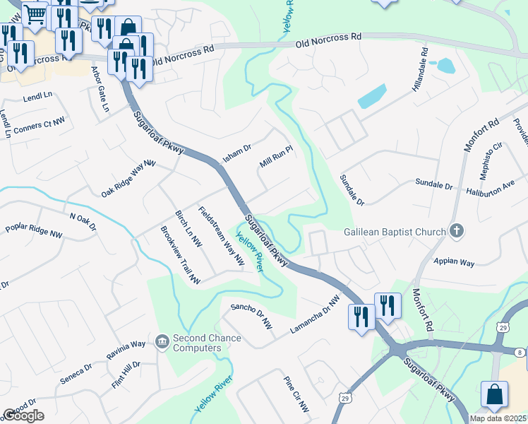 map of restaurants, bars, coffee shops, grocery stores, and more near 1900 Rosemary Park Lane in Lawrenceville
