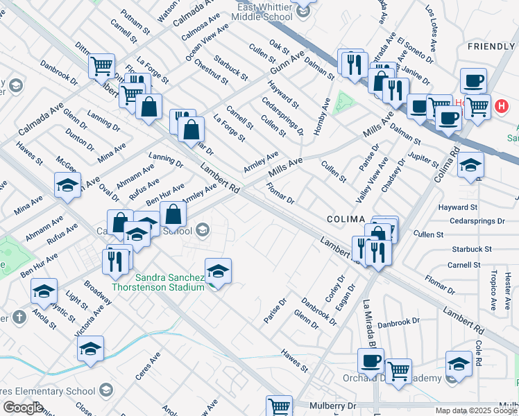 map of restaurants, bars, coffee shops, grocery stores, and more near 9602 Regatta Avenue in Whittier