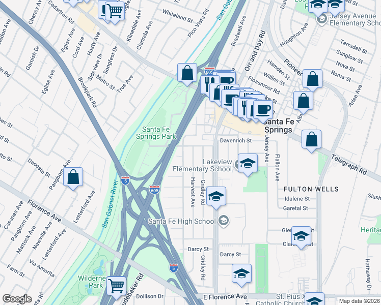 map of restaurants, bars, coffee shops, grocery stores, and more near 10113 Harvest Avenue in Santa Fe Springs