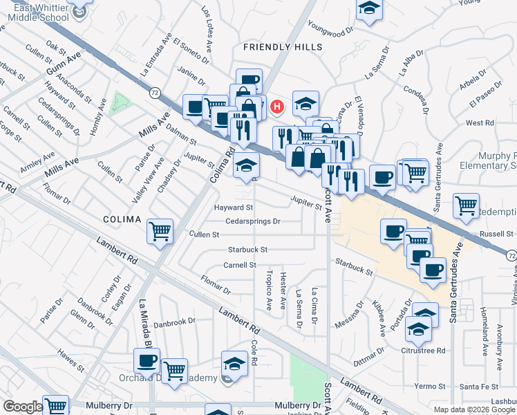 map of restaurants, bars, coffee shops, grocery stores, and more near 10010 Cole Road in Whittier