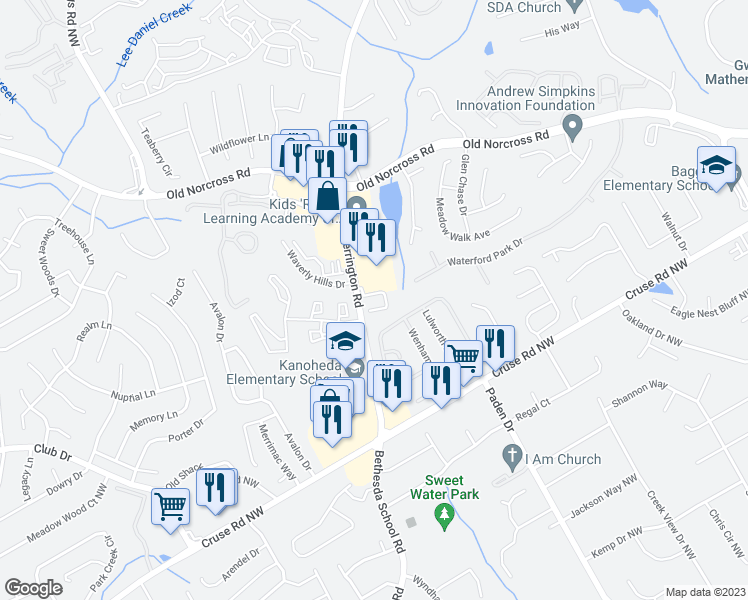 map of restaurants, bars, coffee shops, grocery stores, and more near 2492 Emma Way Northwest in Lawrenceville