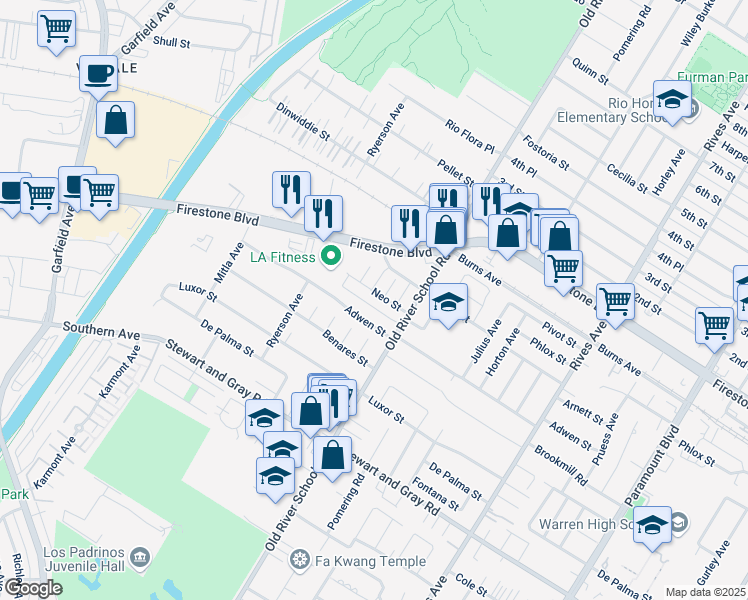 map of restaurants, bars, coffee shops, grocery stores, and more near 7340 Neo Street in Downey