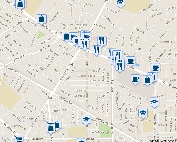 map of restaurants, bars, coffee shops, grocery stores, and more near 10010 Cole Road in Whittier