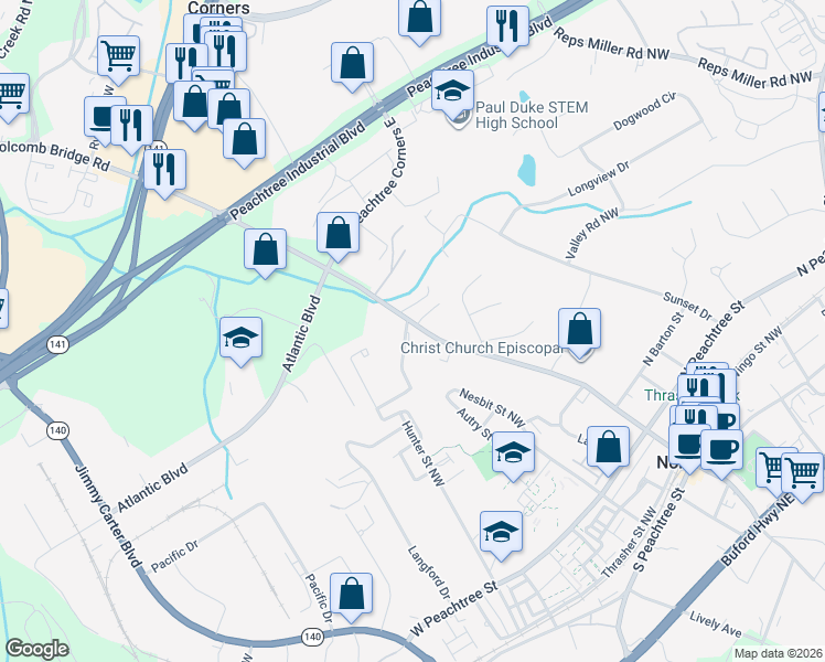 map of restaurants, bars, coffee shops, grocery stores, and more near 675 Holcomb Bridge Road in Norcross