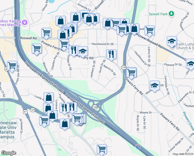 map of restaurants, bars, coffee shops, grocery stores, and more near 286 Scott Drive Southeast in Marietta