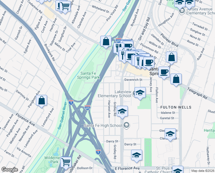 map of restaurants, bars, coffee shops, grocery stores, and more near 10113 Harvest Avenue in Santa Fe Springs
